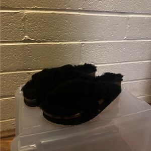 Birkenstock Black Fuzzy Slide Sandals